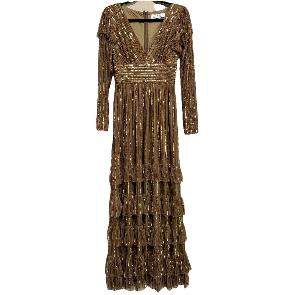 Mac Duggal Size 2 SAMPLE Embellished Maxi Gown Gold Tiered Skirt Long Sleeve NWT